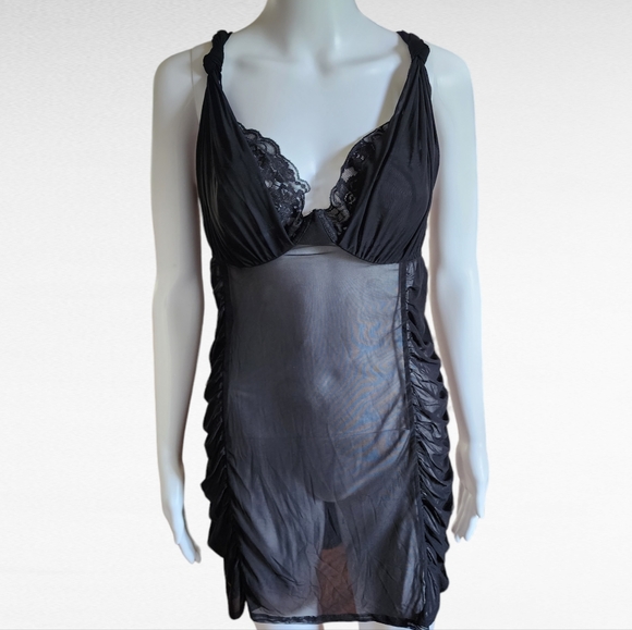 Cacique Other - Cacique Black Mesh And Lace Ruched Side Babydoll Chemise Size 22/24